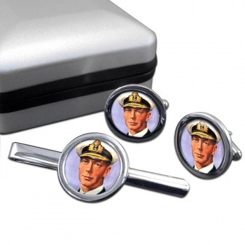 King George VI of Great Britain Round Cufflink and Tie Clip Set