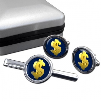 Gold Dollar Round Cufflink and Tie Clip Set