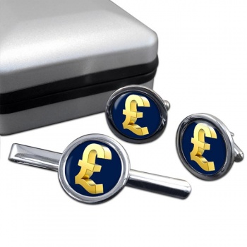 Gold Pound Round Cufflink and Tie Clip Set