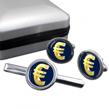 Gold-Euro Round Cufflink and Tie Clip Set