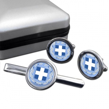 Greece Round Cufflink and Tie Clip Set