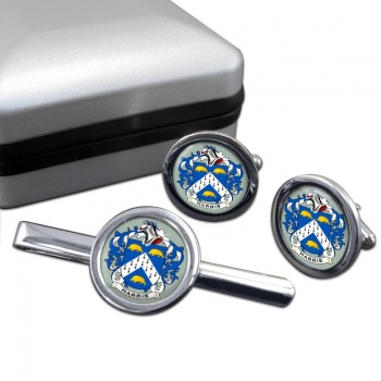 Harris Coat of Arms Round Cufflink and Tie Clip Set