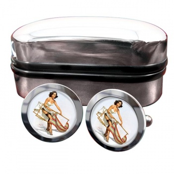 Help Needed Pin-up Girl Round Cufflinks