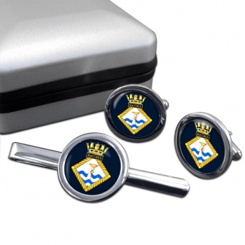 HMS Bacchus (Royal Navy) Round Cufflink and Tie Clip Set
