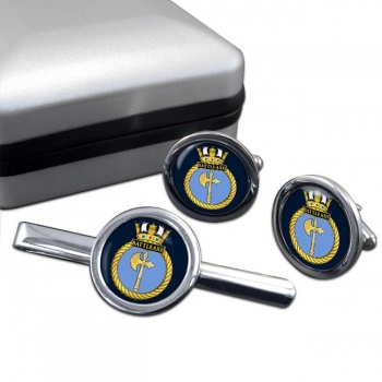 HMS Battleaxe (Royal Navy) Round Cufflink and Tie Clip Set