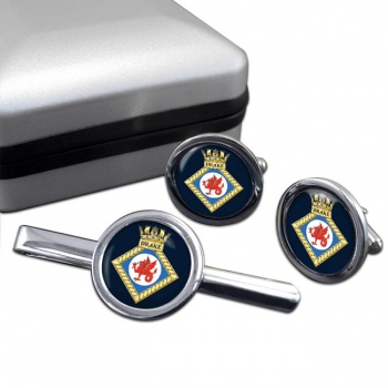 HMS Drake (Royal Navy) Round Cufflink and Tie Clip Set