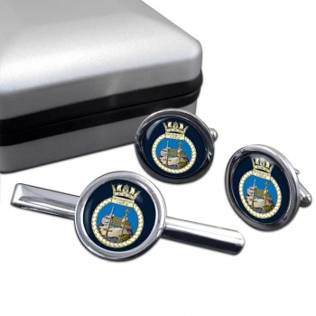 HMS Dumbarton Castle (Royal Navy) Round Cufflink and Tie Clip Set