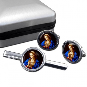Blessed Virgin Mary Round Cufflink and Tie Clip Set
