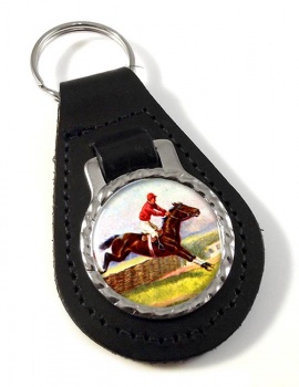 Horse Racing over Hurdles Leather Key Fob