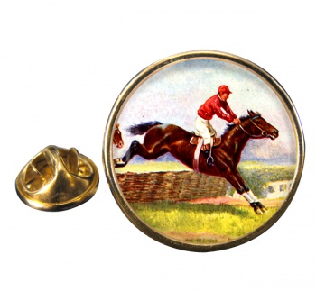 Horse Racing over Hurdles Round Pin Badge