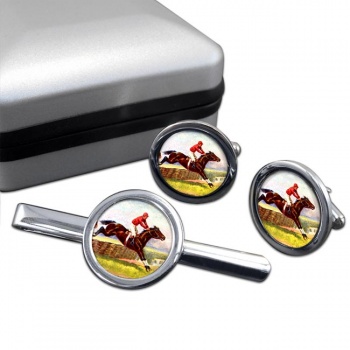 Horse Racing over Hurdles Round Cufflink and Tie Clip Set