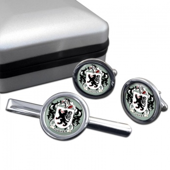 Hughes Coat of Arms Round Cufflink and Tie Clip Set