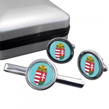 Hungary Coat of Arms Round Cufflink and Tie Clip Set