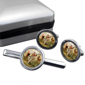 Hunting over the Ditch Round Cufflink and Tie Clip Set