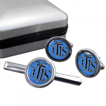 Christogram IHS Gothic Round Cufflink and Tie Clip Set