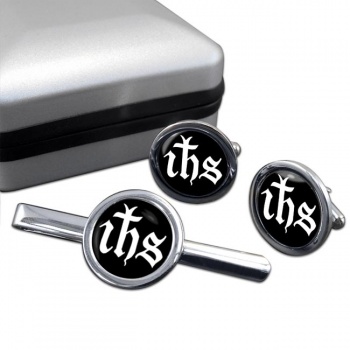 Monogram of Jesus Round Cufflink and Tie Clip Set