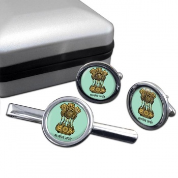 India Crest Round Cufflink and Tie Clip Set