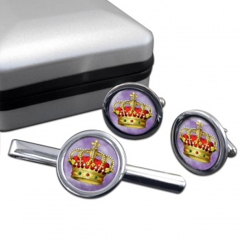 Italian King's Crown Round Cufflink and Tie Clip Set