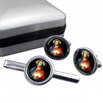 Sacred Heart of Jesus Round Cufflink and Tie Clip Set