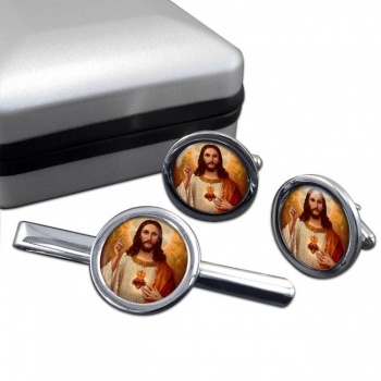 Jesus Sacred Heart Round Cufflink and Tie Clip Set