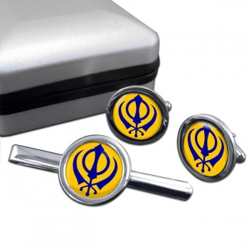 Khanda Round Cufflink and Tie Clip Set