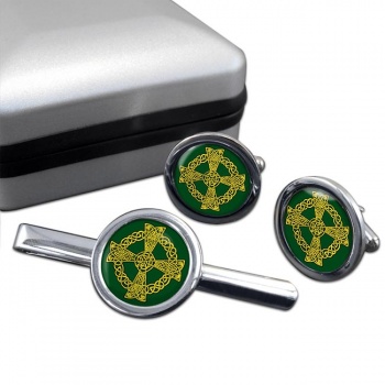 Celtic knot cross Round Cufflink and Tie Clip Set