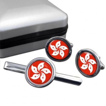 Hong Kong Round Cufflink and Tie Clip Set