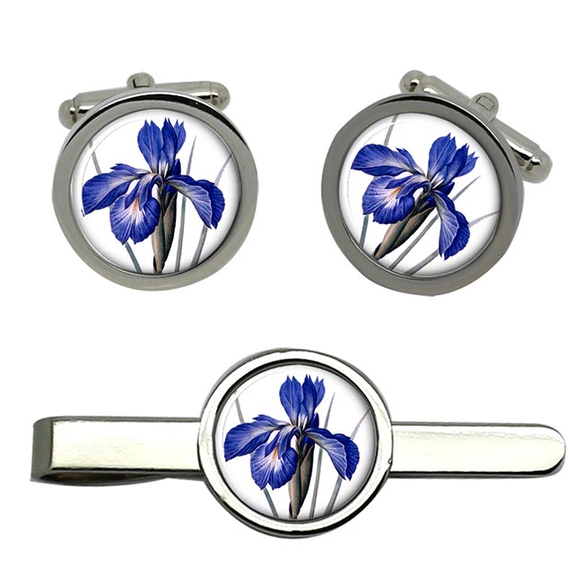 Blue Iris Round Cufflink and Tie Clip Set