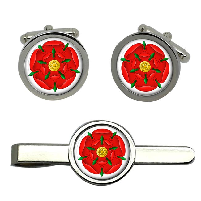 Red Rose of Lancaster Round Cufflink and Tie Clip Set