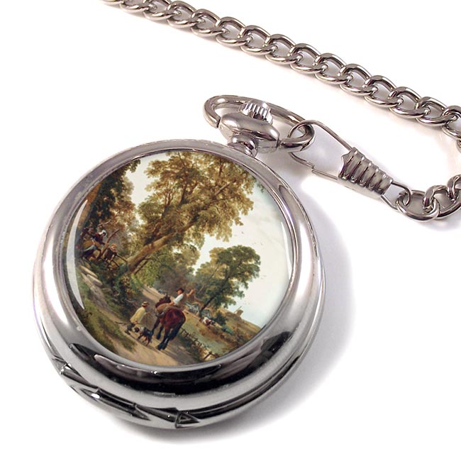 Figures and animals on along a river bank by Thomas Creswick Pocket Watch