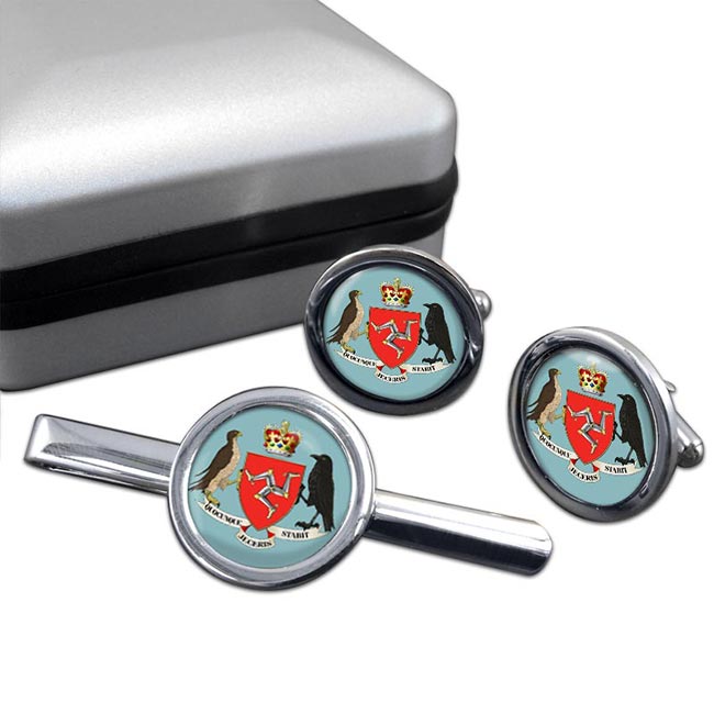 Isle of Man Coat of Arms Round Cufflink and Tie Clip Set