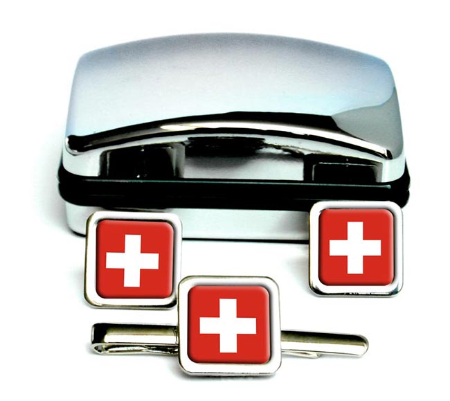 Switzerland (Schweiz) Square Cufflink and Tie Clip Set