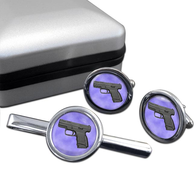Walther PPS Pistol Round Cufflink and Tie Clip Set