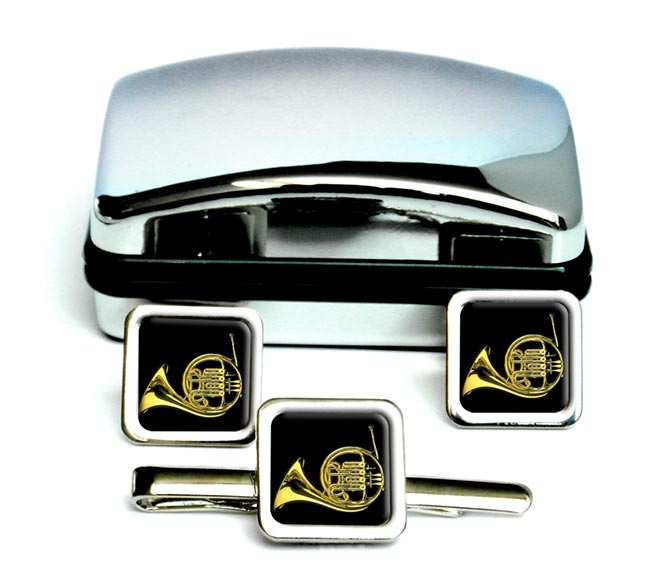 French Horn Square Cufflink and Tie Clip Set