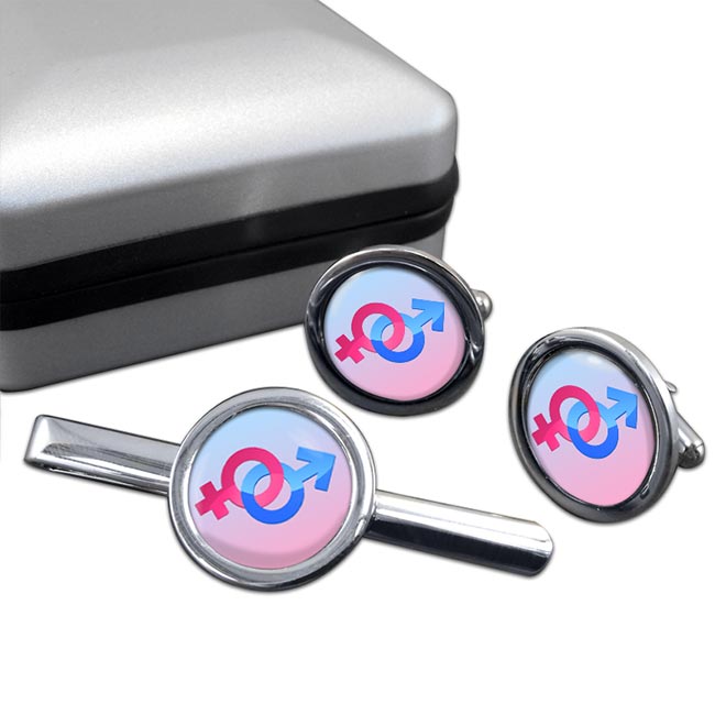 Mars and Venus Male and Female Love Match Round Cufflink and Tie Clip Set