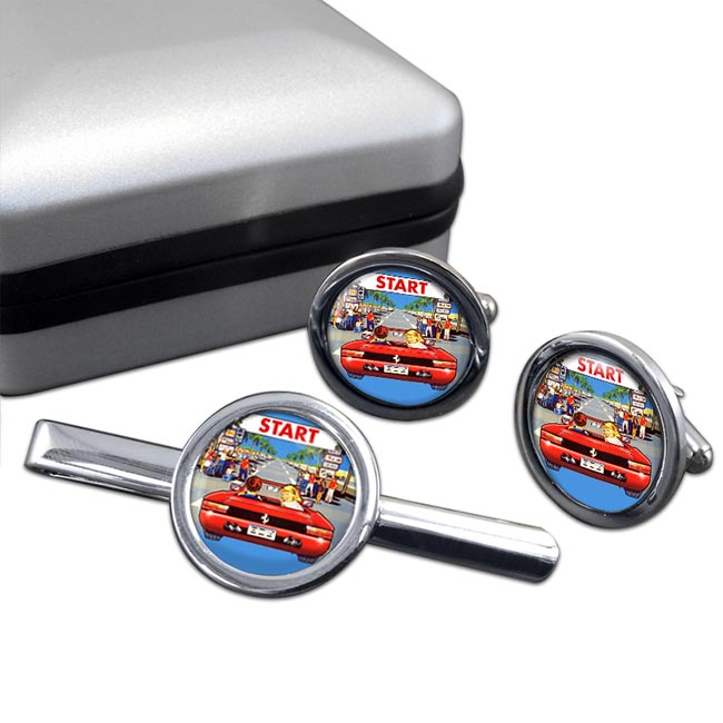 Outrun Game Round Cufflink and Tie Clip Set