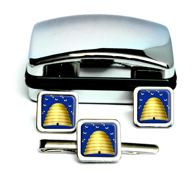 Beehive Masonic Symbol Square Cufflink and Tie Clip Set