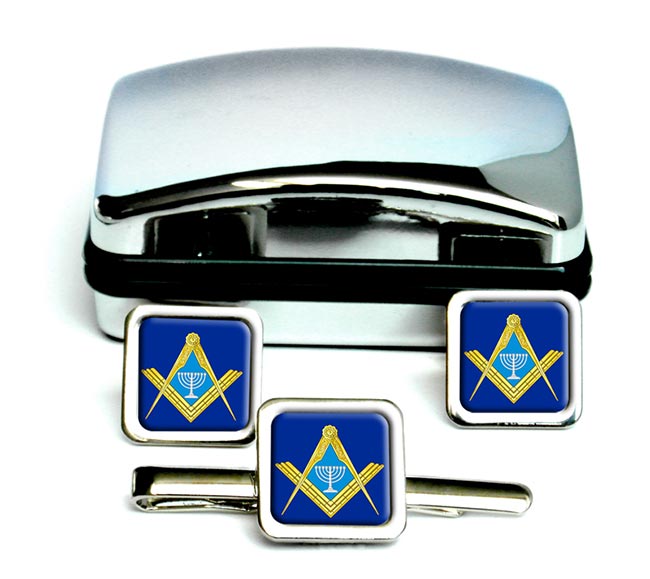Jewish Masonic Menorah Square Cufflink and Tie Clip Set