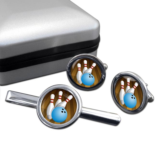 10 Pin Bowling Round Cufflink and Tie Clip Set
