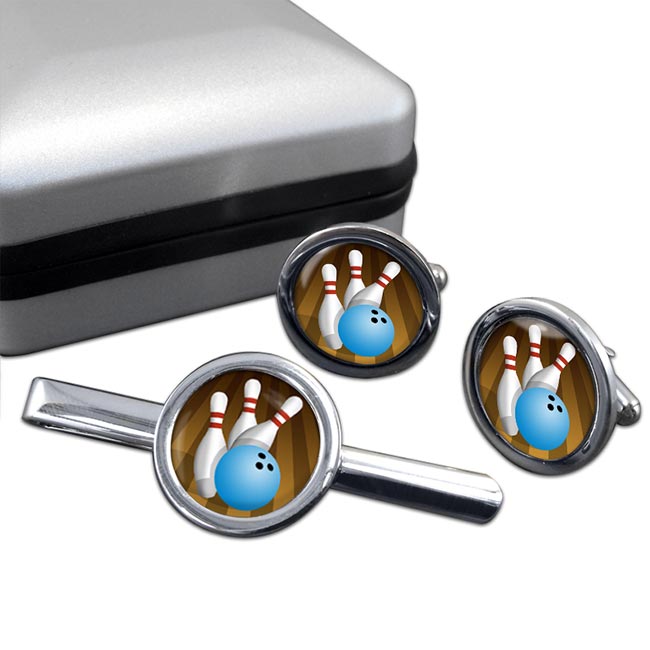 Uk Gift 10 Pin Bowling Round Cufflink And Tie Clip Set Pin Bowling Round Cufflink And Tie Clip