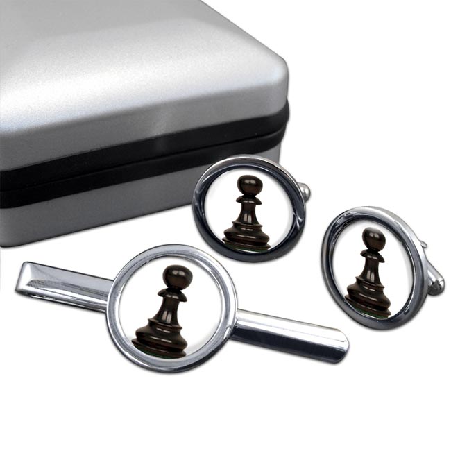 Chess Pawn Round Cufflink and Tie Clip Set
