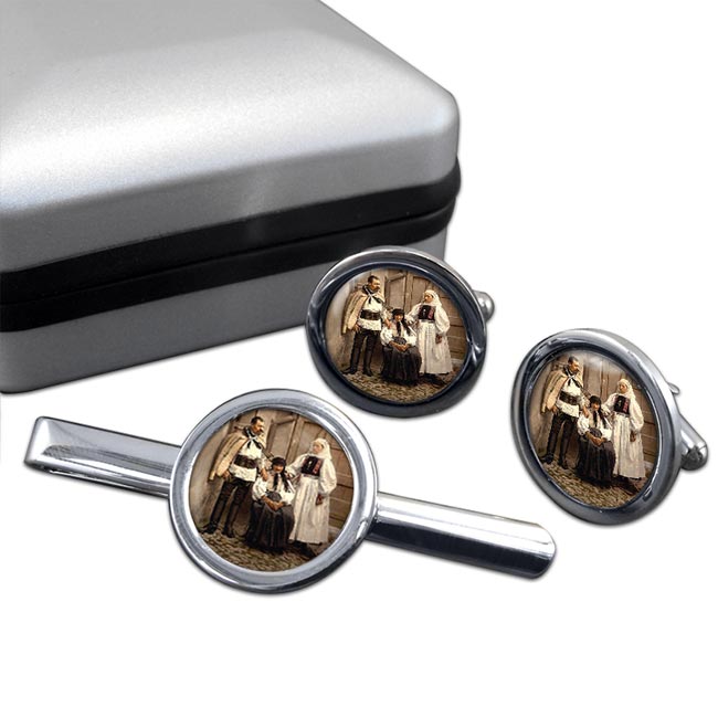 Hungarian National Costume Round Cufflink and Tie Clip Set