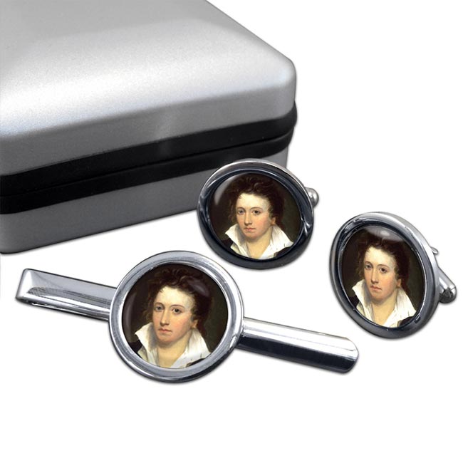 Percy Bysshe Shelley Round Cufflink and Tie Clip Set