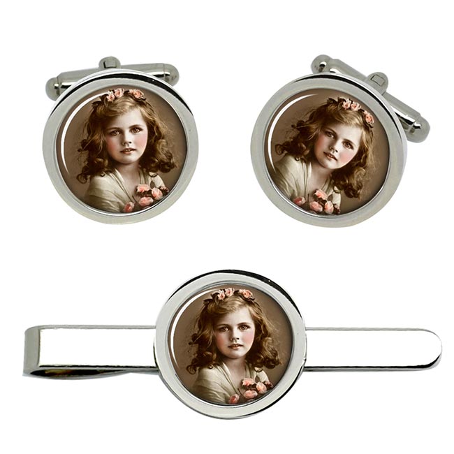 Young Victorian Girl Cufflink and Tie Clip Set