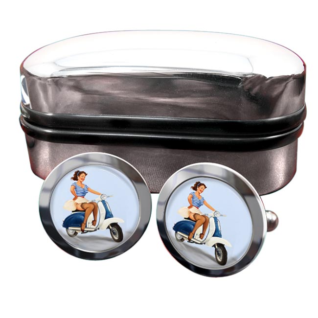 Pin-up Scooter Girl Round Cufflinks