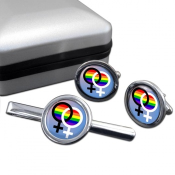 Lesbian Double Venus Symbol Round Cufflink and Tie Clip Set