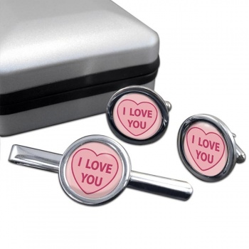 Love Heart I Love You Round Cufflink and Tie Clip Set