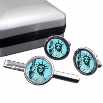 Statue of Liberty Round Cufflink and Tie Clip Set