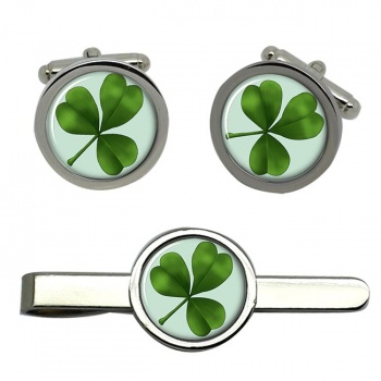 Lucky Irish Shamrock Round Cufflink and Tie Clip Set