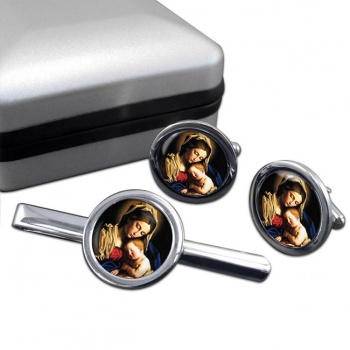 Holy Mother Mary and Baby Jesus Round Cufflink and Tie Clip Set